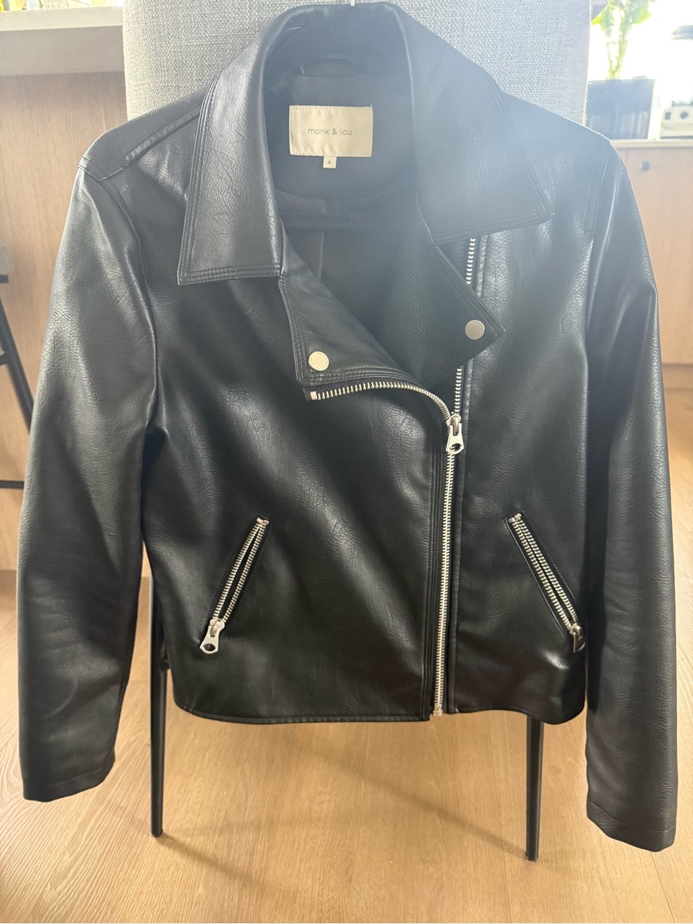 Black Faux Leather Moto Jacket with Silver Hardware